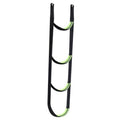 Climbing aider with multiple U-shaped foot steps, black straps, neon-green edging.