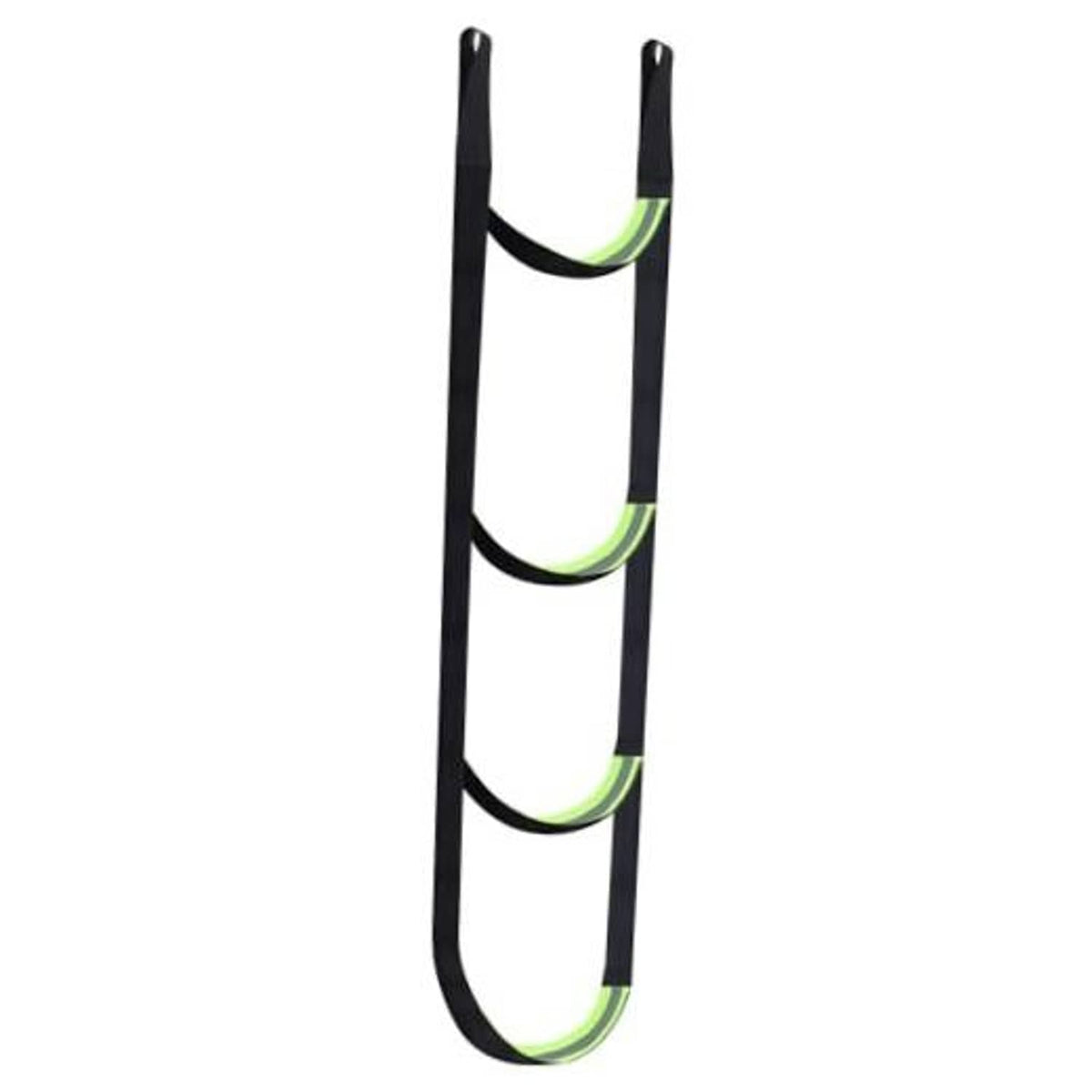 Climbing aider with multiple U-shaped foot steps, black straps, neon-green edging.