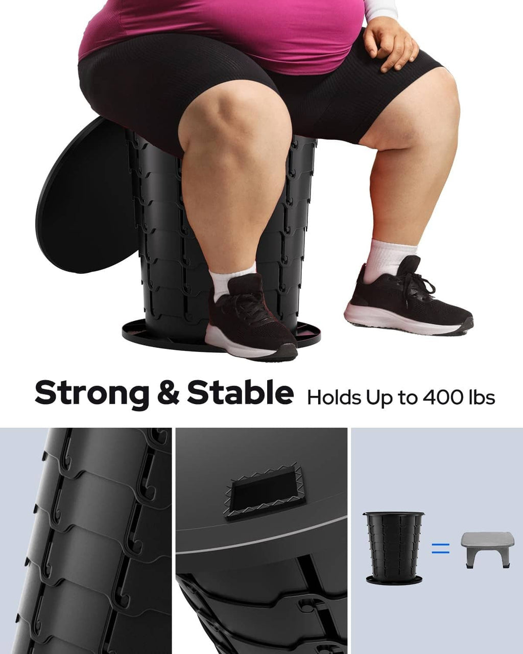 Black portable folding toilet with open seat, legs positioned over bowl