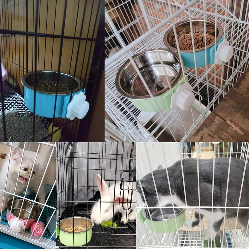 Stainless steel pet bowl installed in a wire pet cage with blue plastic hanging mount