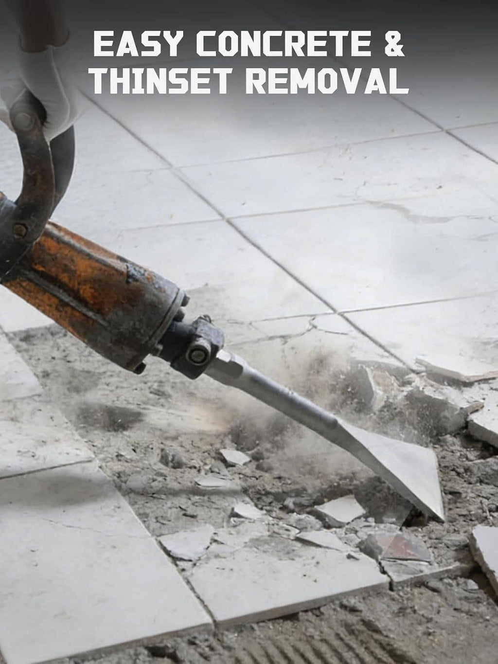 Hex shank chisel bit breaking up tile and thinset on a floor