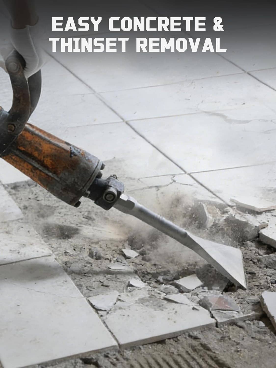Hex shank chisel bit breaking up tile and thinset on a floor