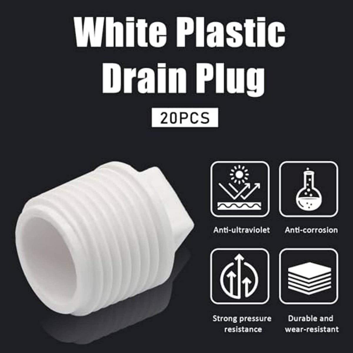 White PVC drain plug end caps with male threads, 1/2 inch, for pipe openings