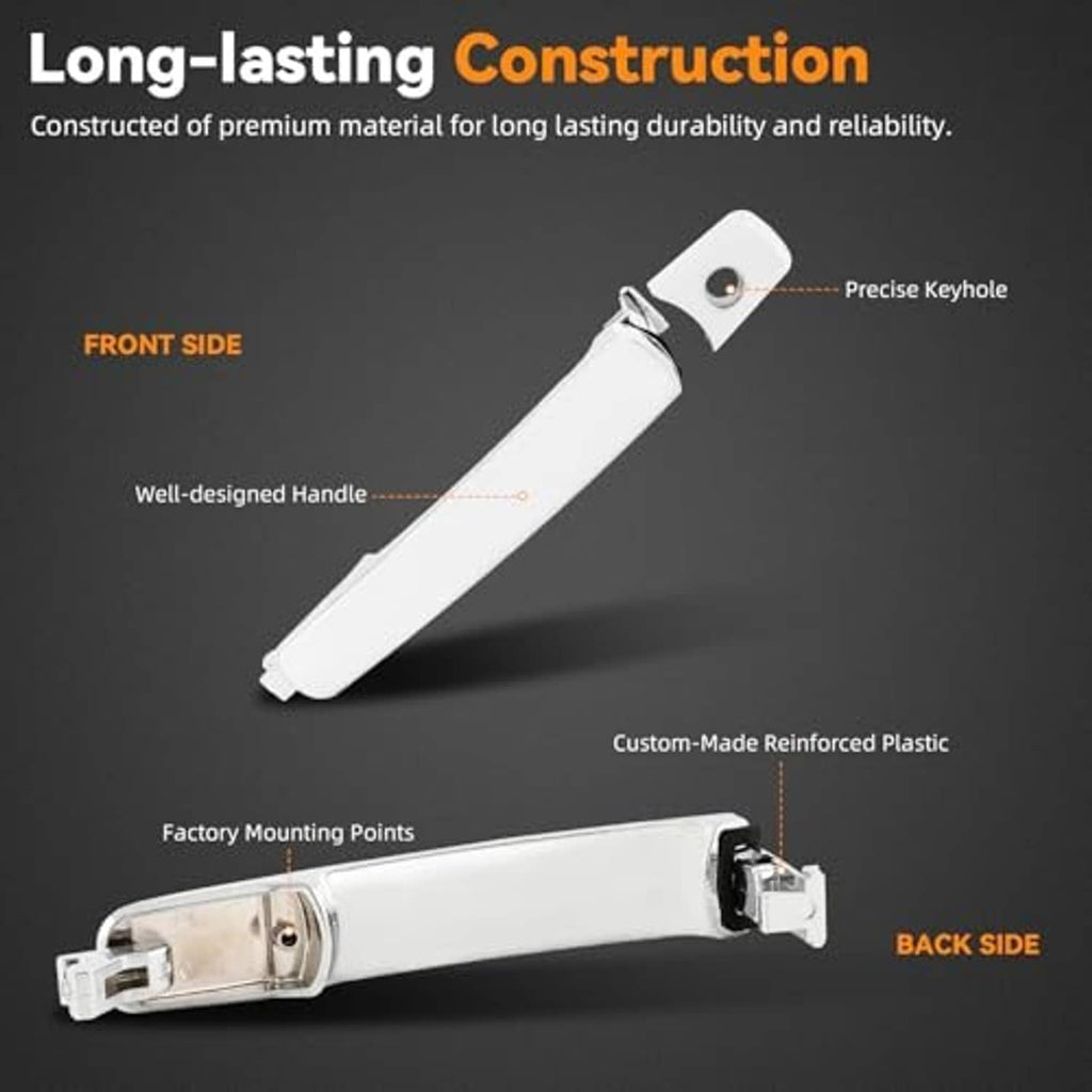 Chrome exterior door handle with keyhole, front side view