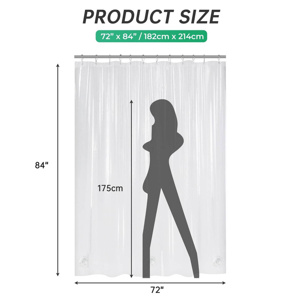 Clear shower curtain liner with 72 in W x 84 in L sizing diagram