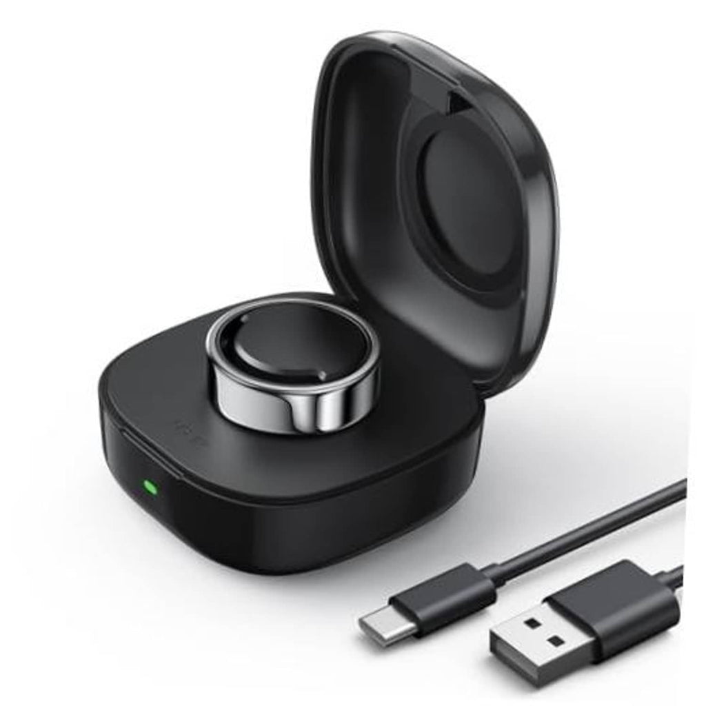 Black wireless charging case with open lid and metal charging ring base