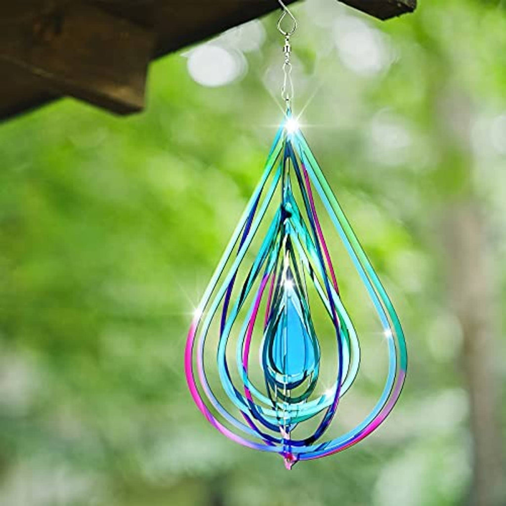 Colorful teardrop wind spinner ornament with spiral stainless-steel coils and hanging hook