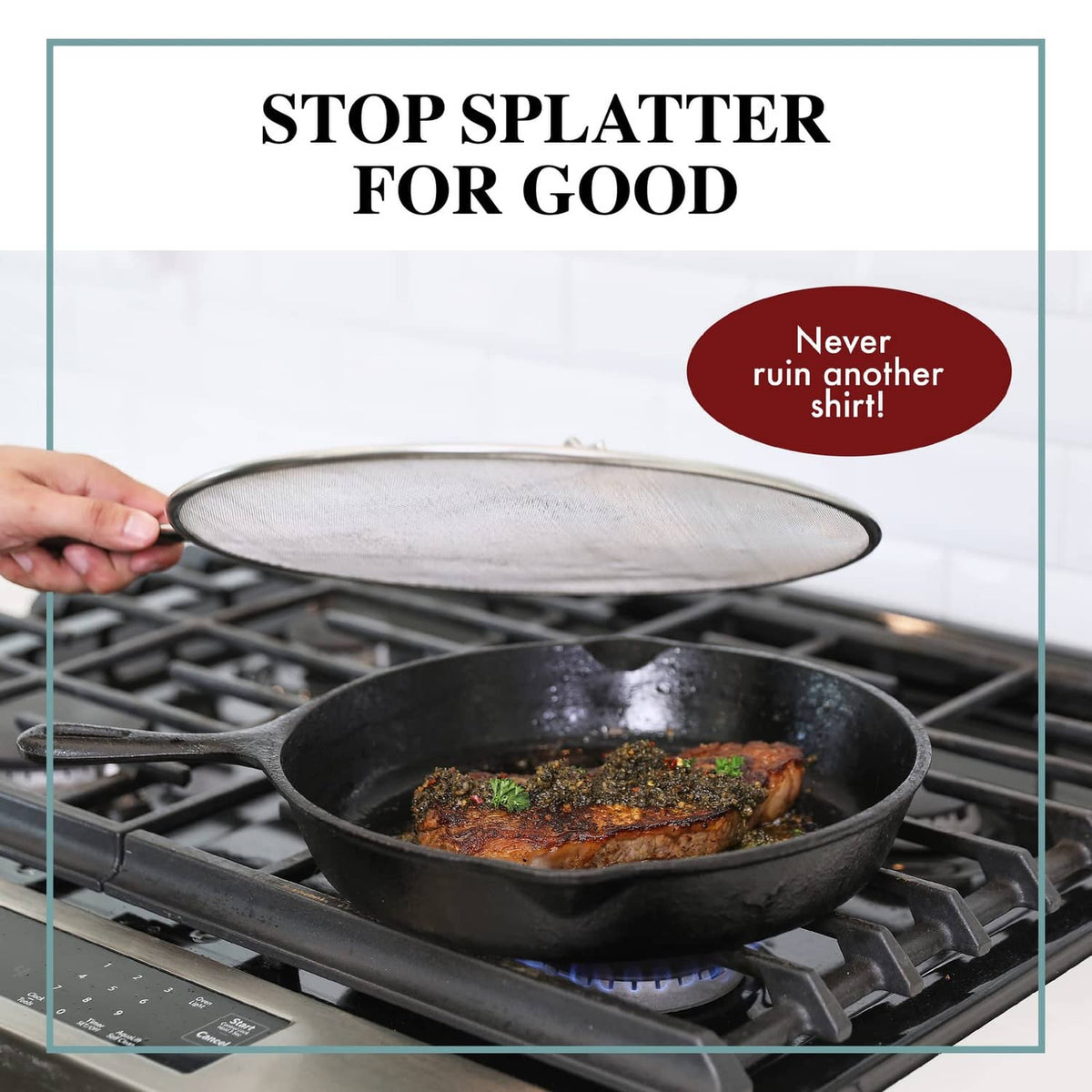 Round splatter screen covering a frying pan with food inside.