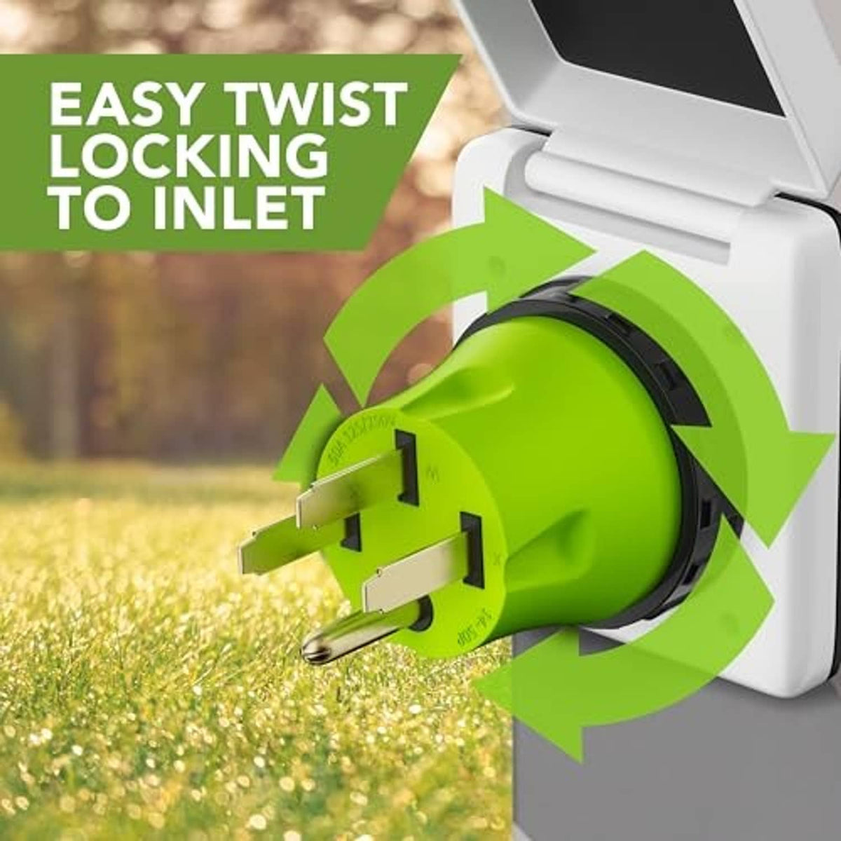 Green twist-lock adapter plugged into inlet with prongs engaged and locking ring