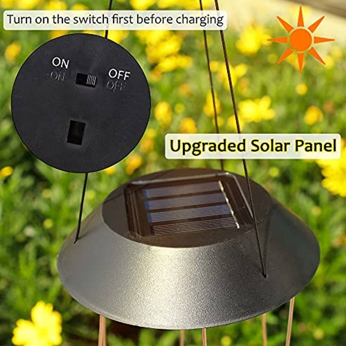 Black solar panel base for butterfly wind chime with ON/OFF switch and hanging rods