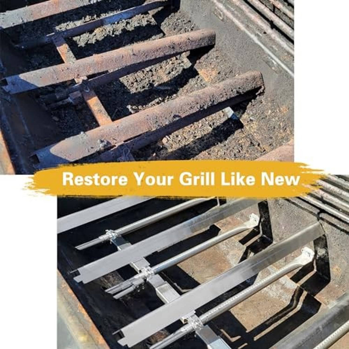 Stainless steel burner tubes installed in grill grate for restoration and replacement