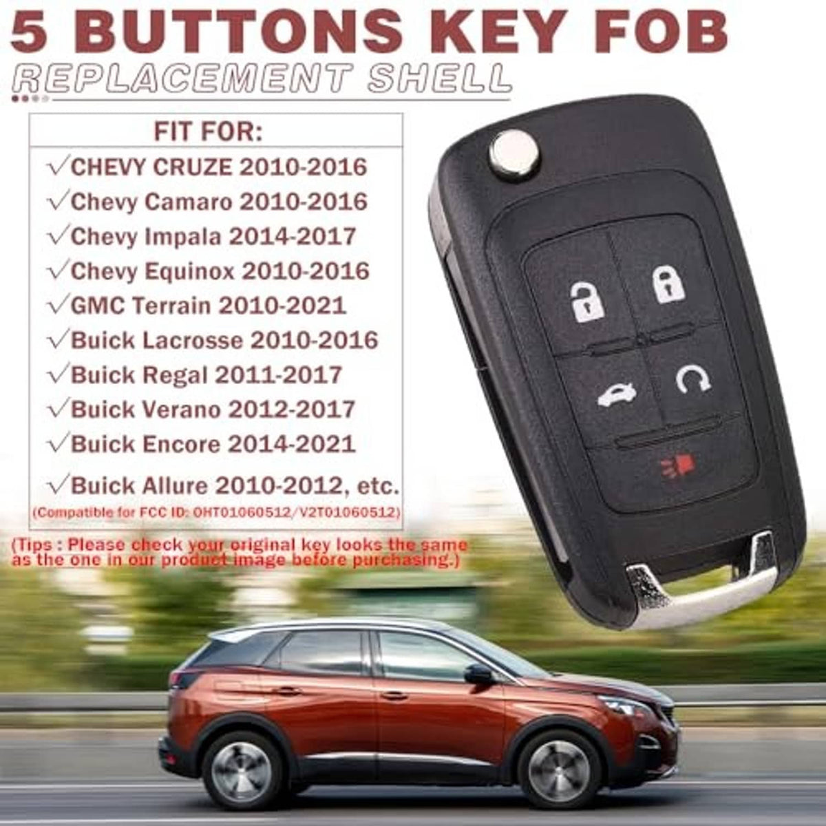 Black 5-button key fob replacement shell with labeled button icons and metal key blade