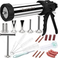 Stainless steel jerky gun kit with cannon, funnel nozzles, cleaning brush, and sausages tubes