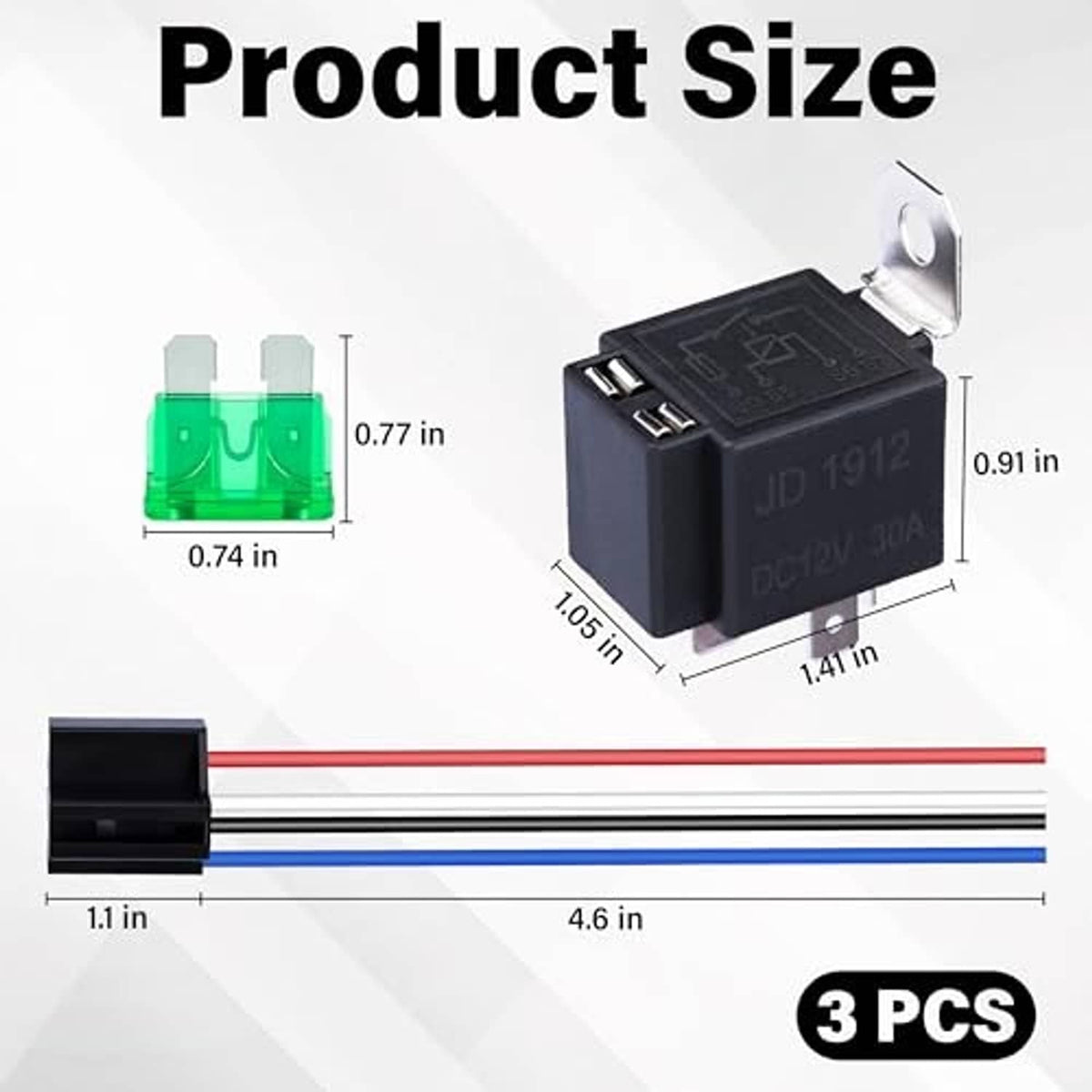 3-pack 4-pin 12V relay harness set with green fuse covers and metal mounting bracket tabs