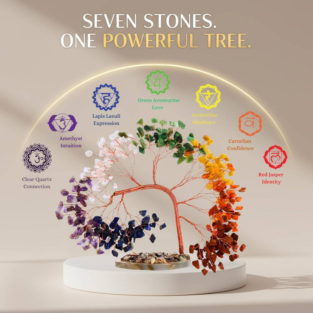 Seven chakra gemstone tree with multicolor crystal clusters on round display base