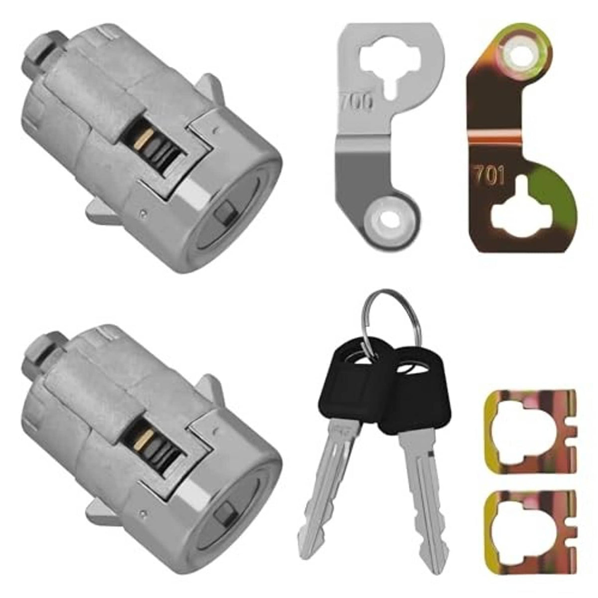 Silver lock cylinder kit with two cylinders, two keys, and key blanks