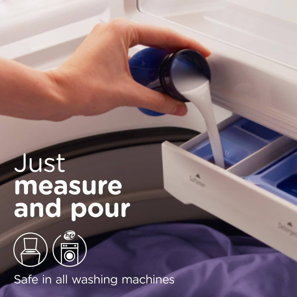 Hand pouring fabric softener into washing machine dispenser