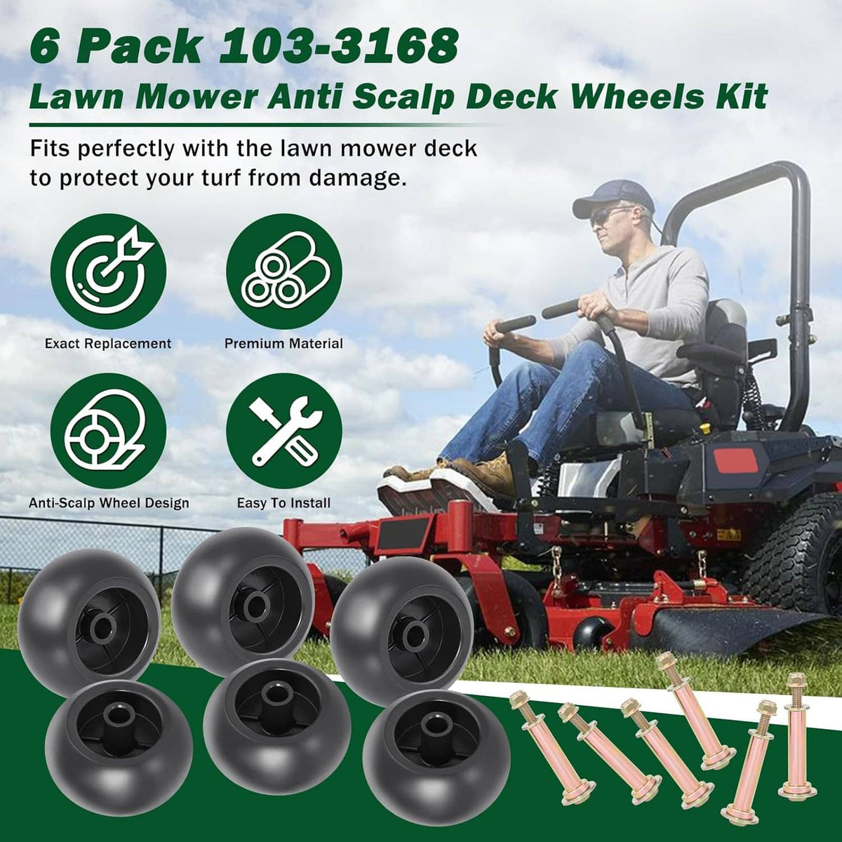 6-pack lawn mower deck wheels kit with black wheels and copper mounting hardware
