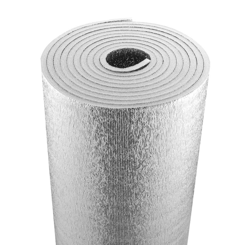 Double reflective insulation barrier roll with silver foam core, tightly wound