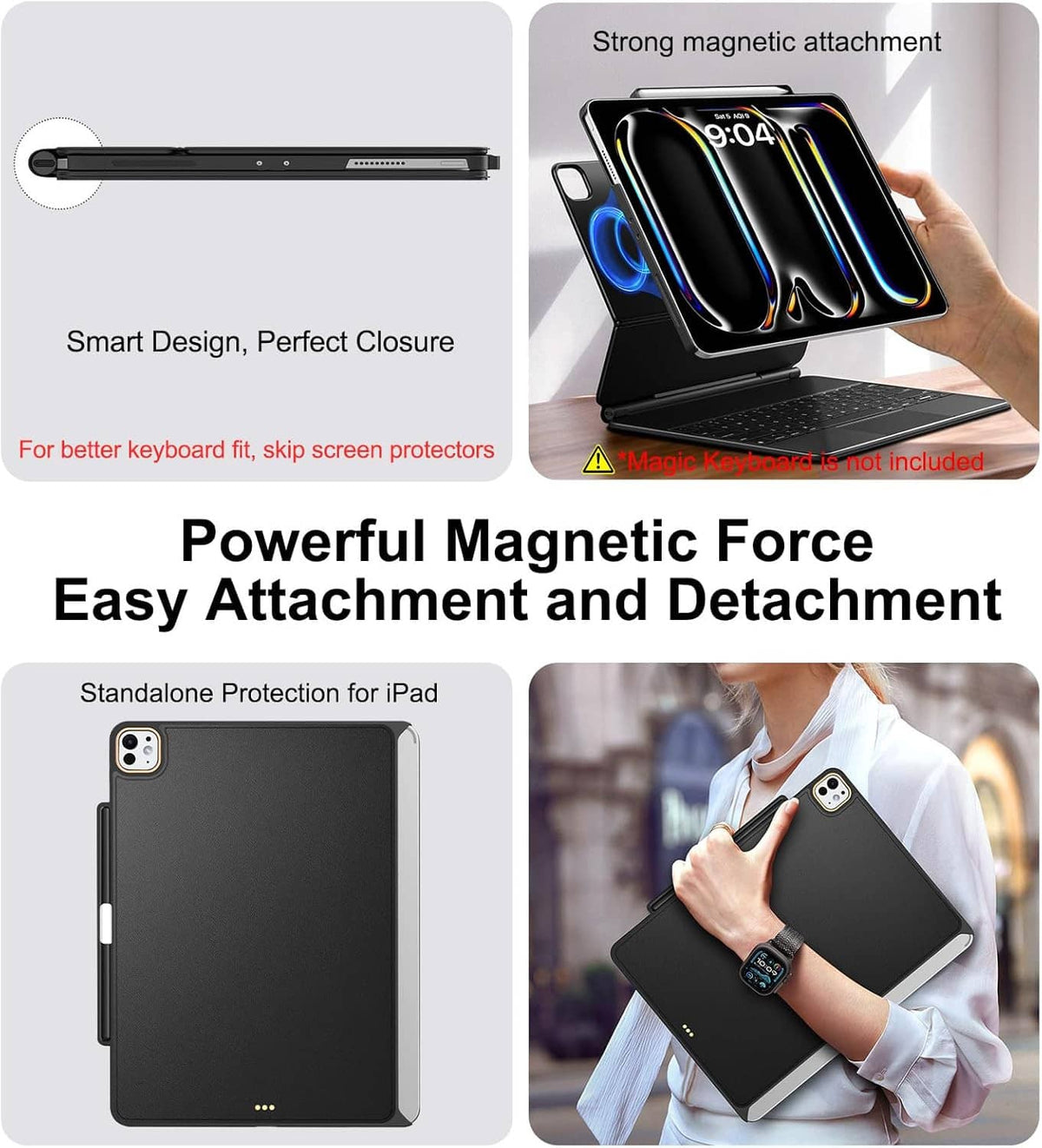 Thin black tablet case with side ports and strong magnetic attachment