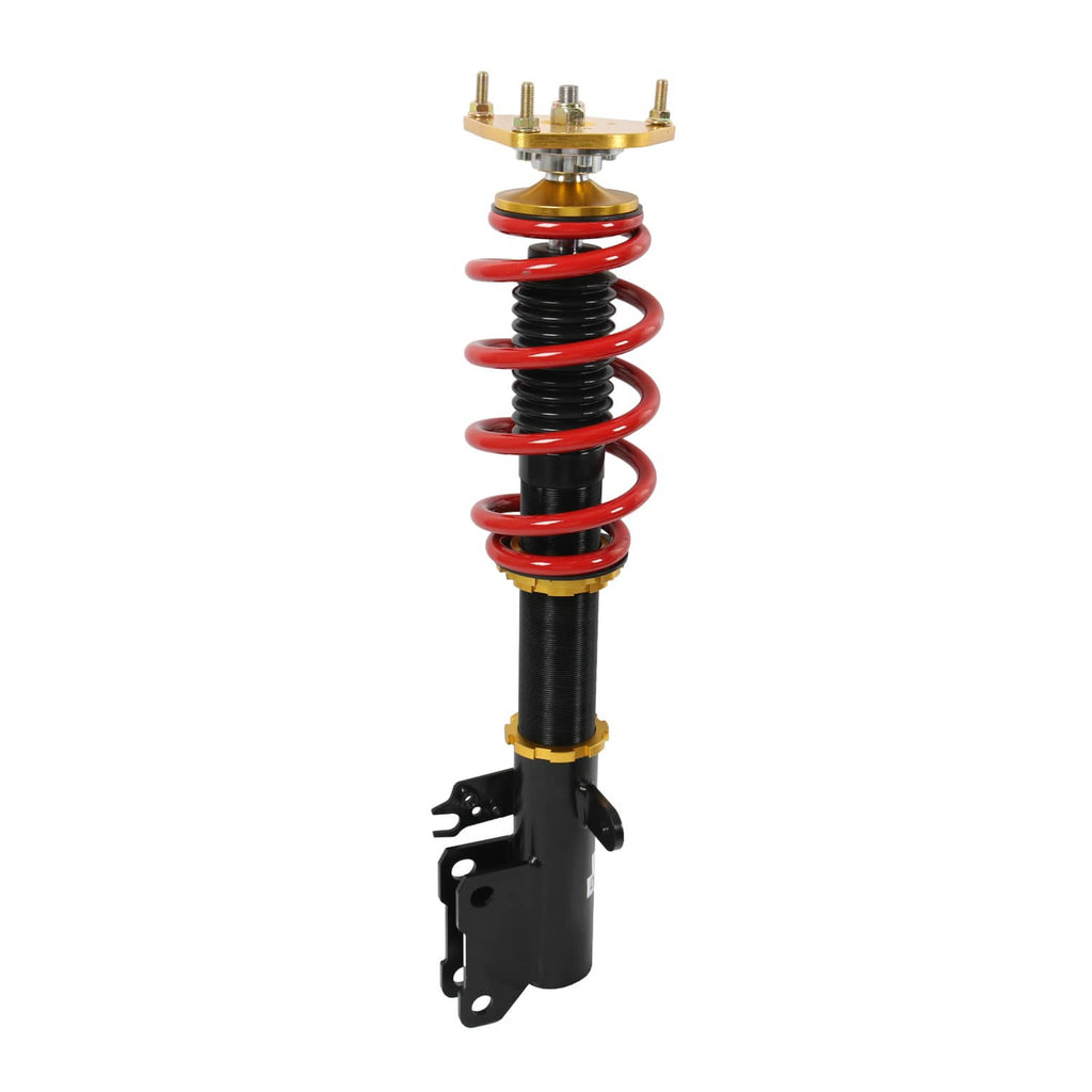 Single coilover suspension strut with red coil spring, black shock body, gold upper mount