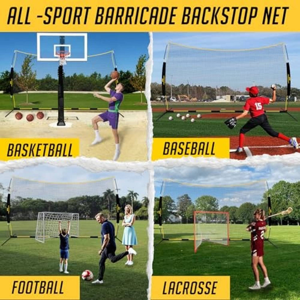 All-sport backstop net with yellow-trim frame, mesh screen, and four corner poles