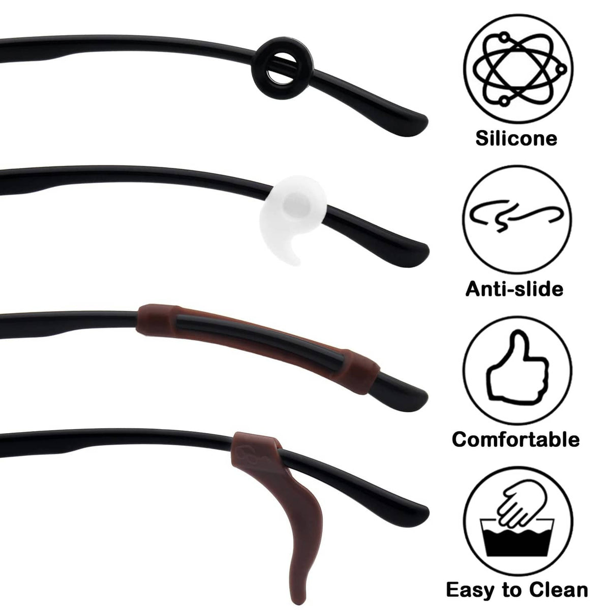 Silicone eyeglass temple holders in black and brown, with anti-slip comfort design