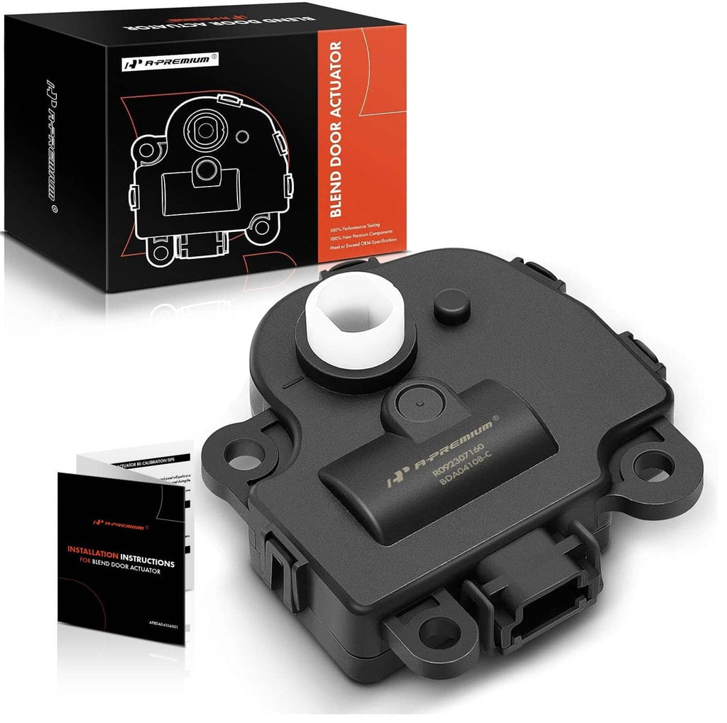 Black HVAC blend door actuator replacement with white knob, plus product box and instructions
