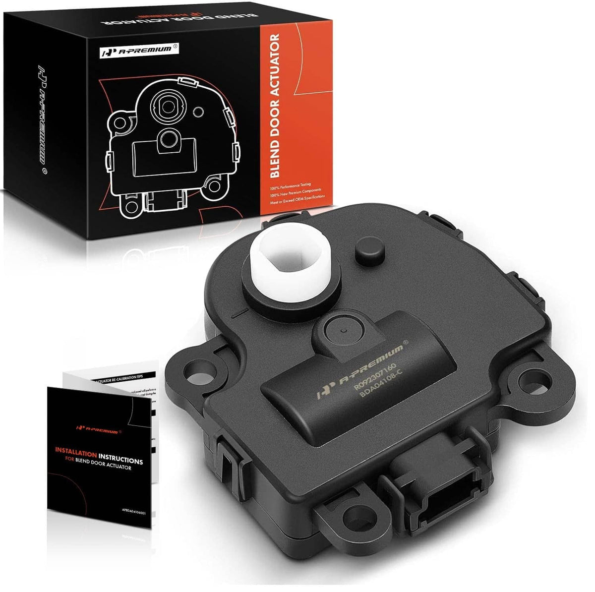 Black HVAC blend door actuator replacement with white knob, plus product box and instructions