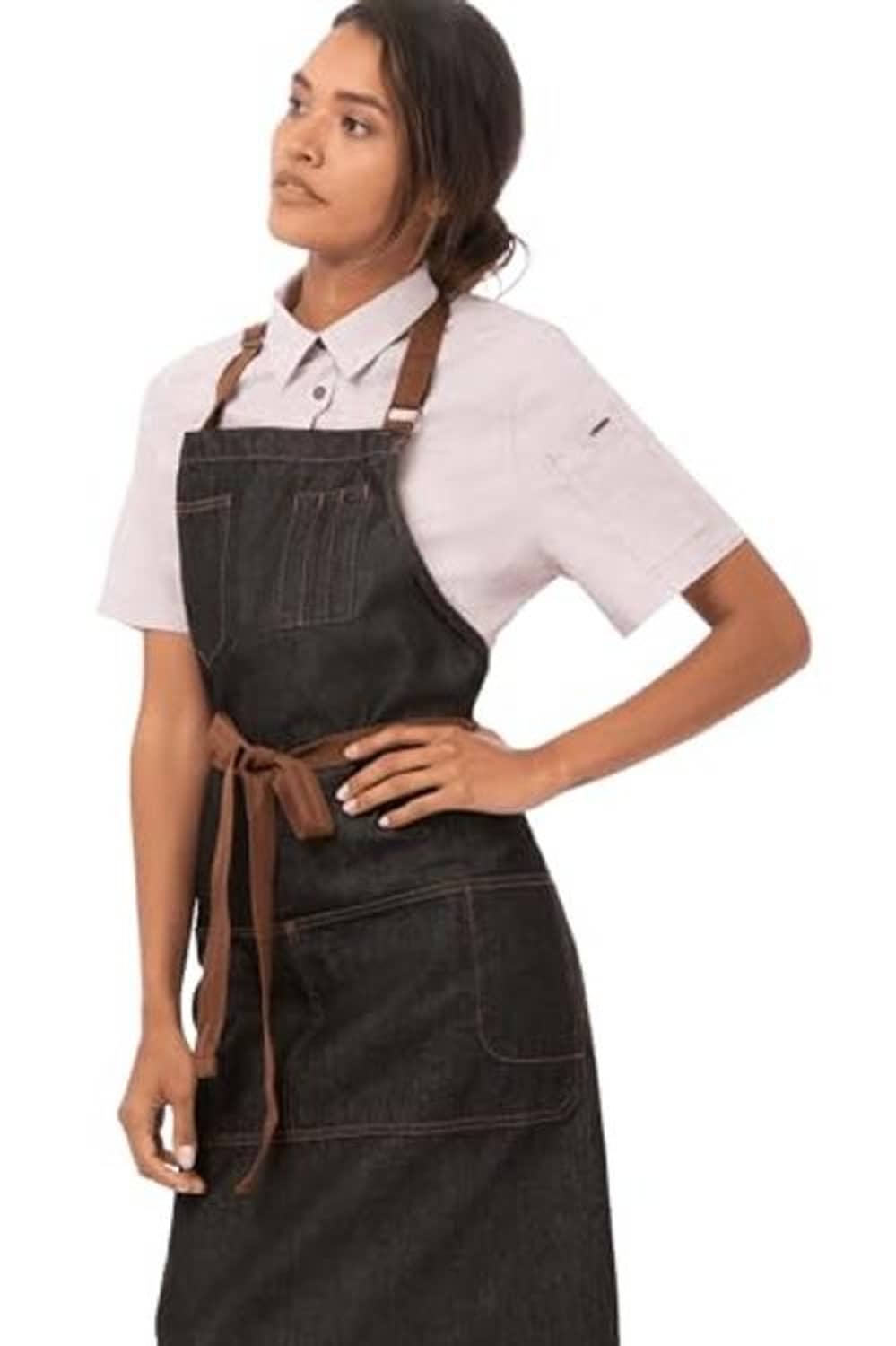Dark charcoal bib apron with two front straps, chest pocket, and brown waist tie