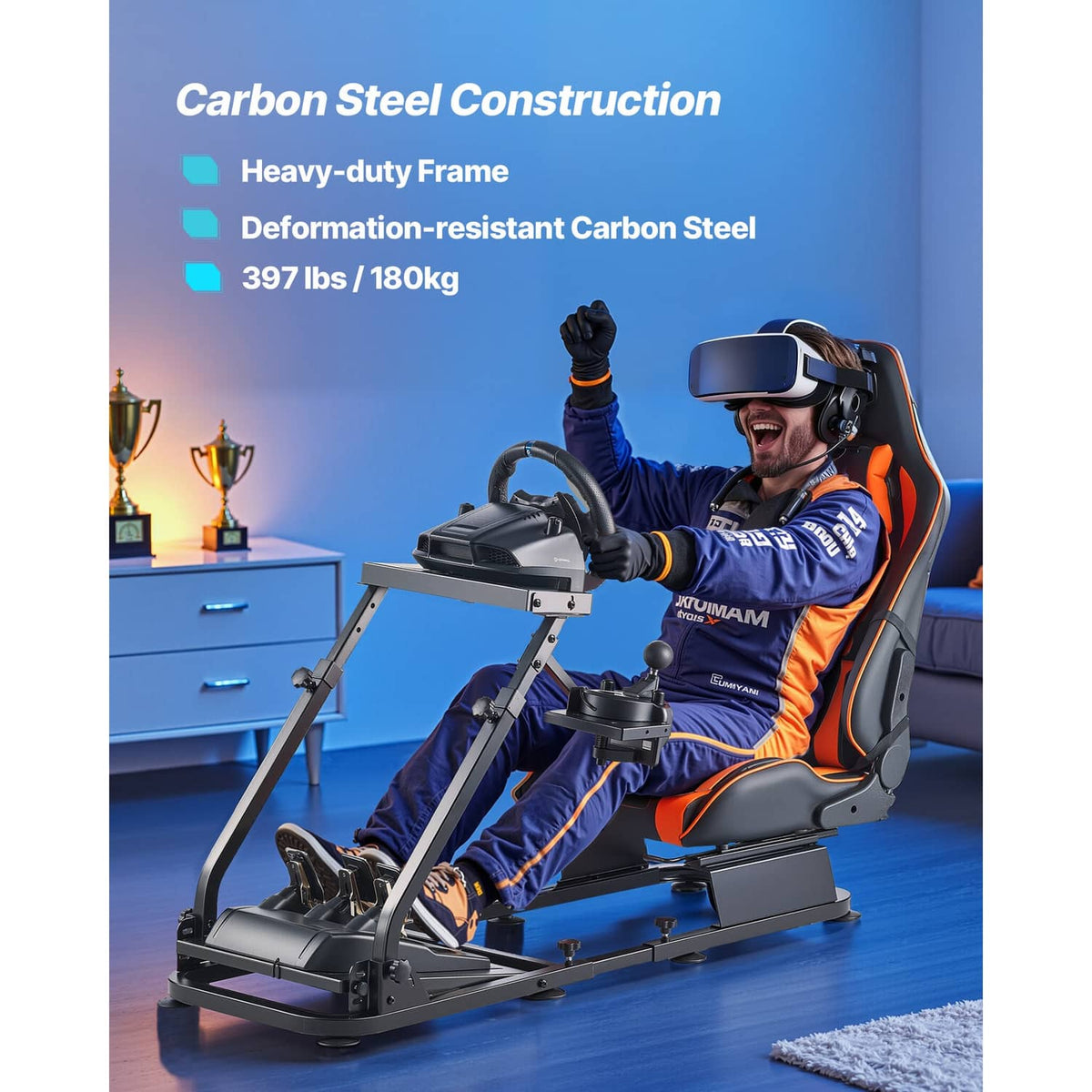 Racing wheel stand with black and orange seat and carbon-steel frame for sim racing