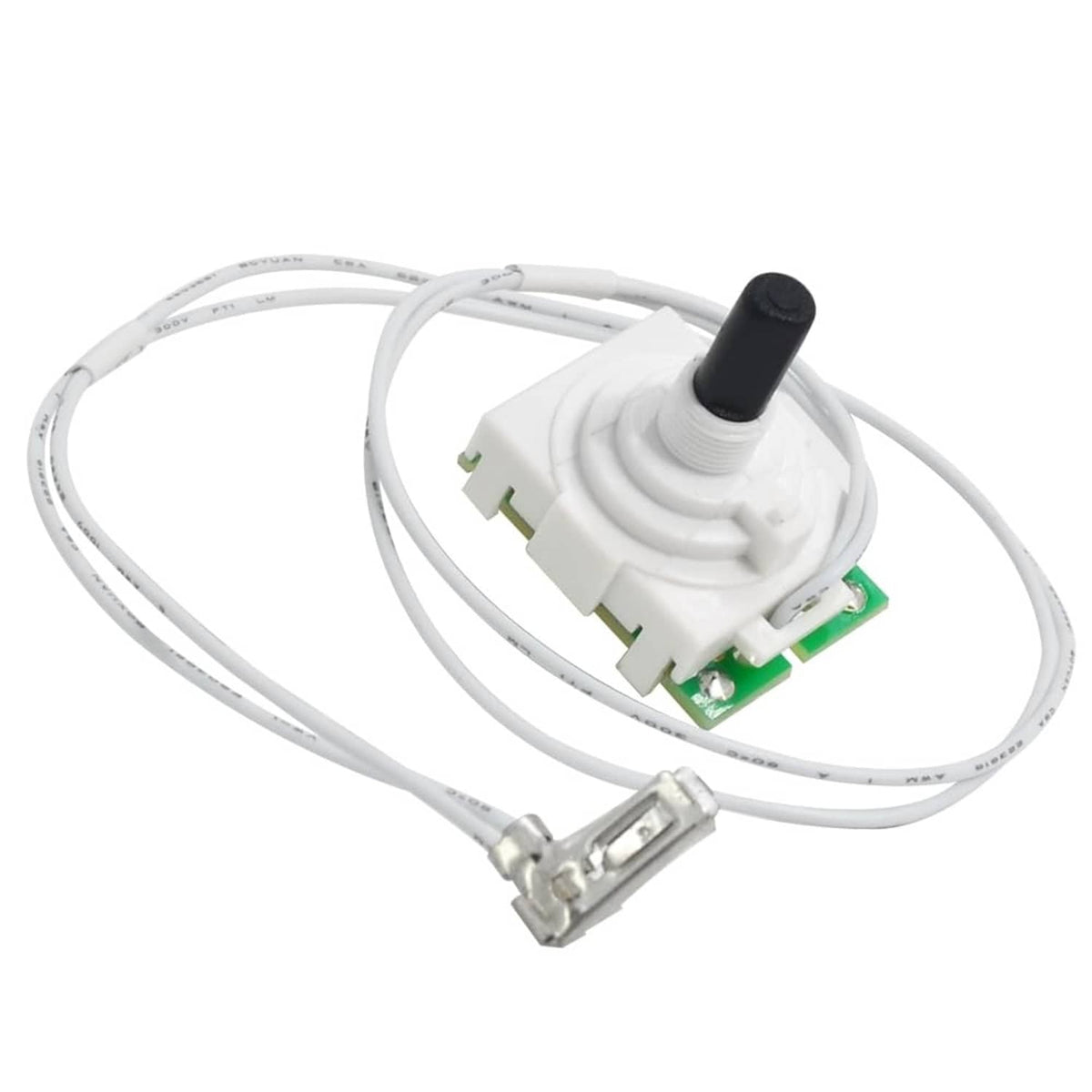 Potentiometer switch replacement with white housing, black knob, and wire harness