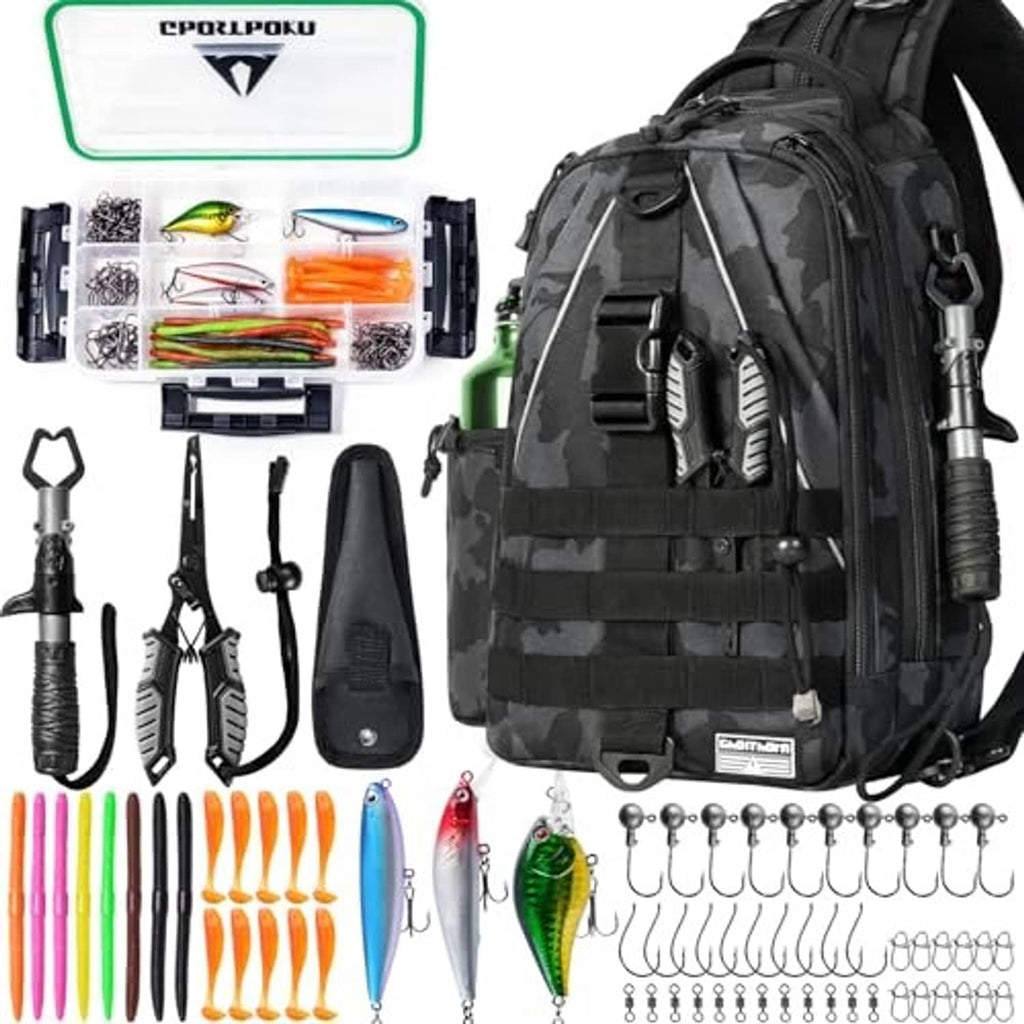 Black camo fishing backpack with side straps, front organizer, and tackle box accessories