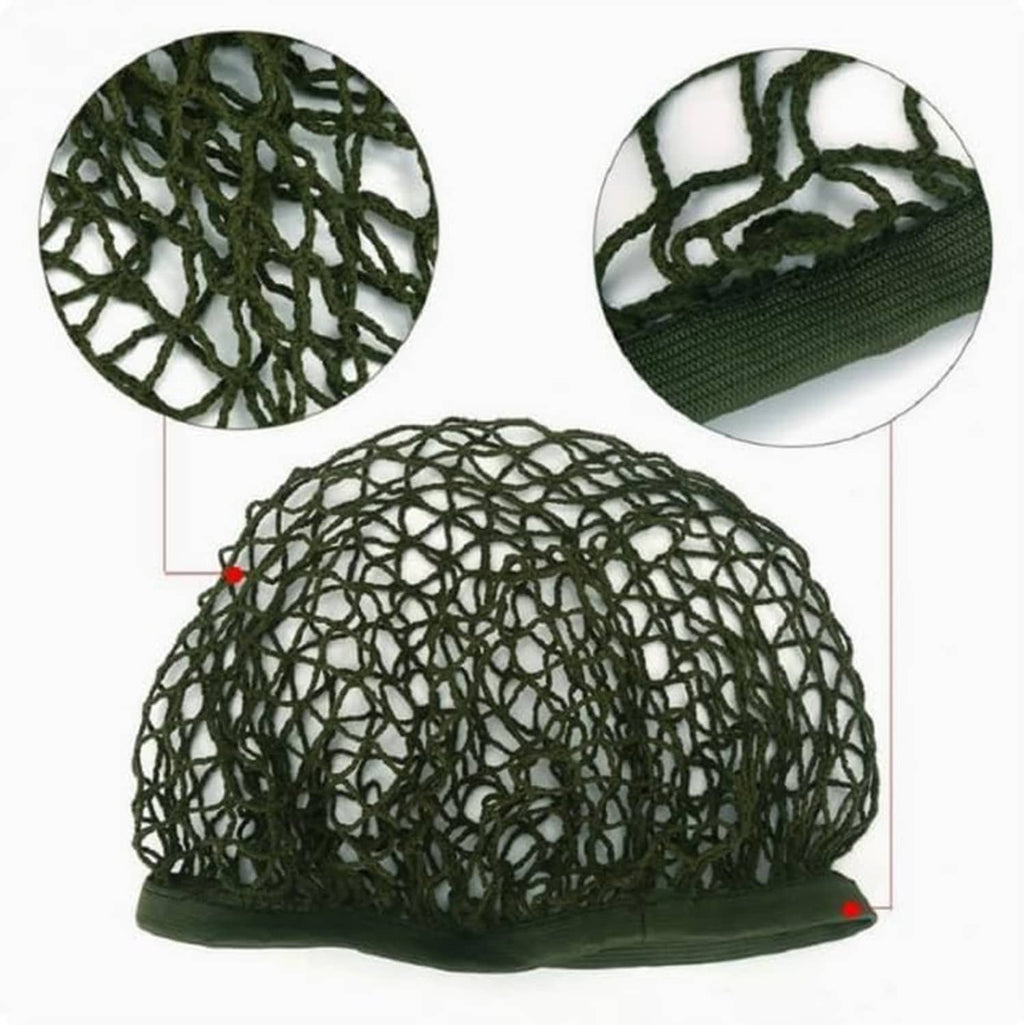 Olive green nylon net helmet cover with elastic band; close-up net weave details