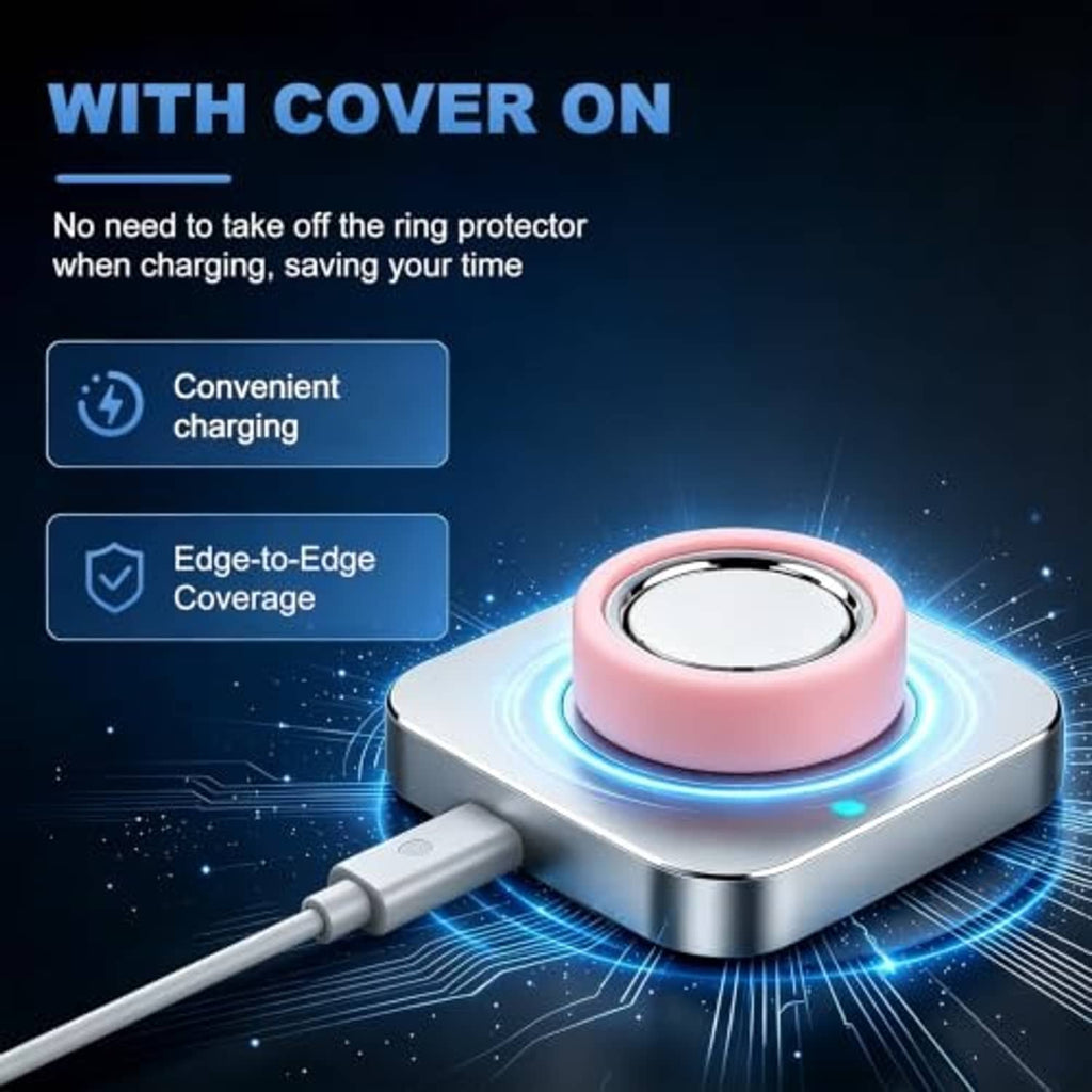 Pink silicone ring cover on a metal charging base for convenient charging