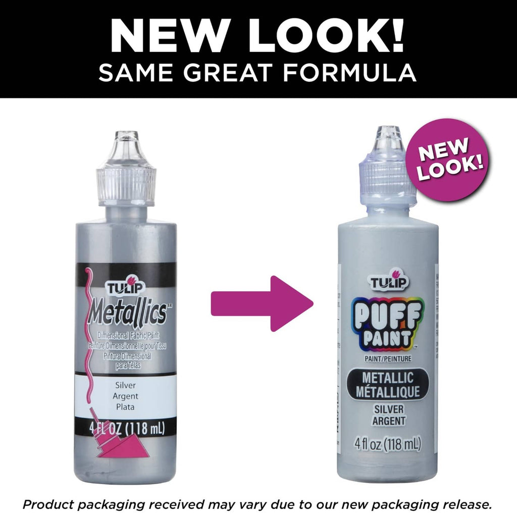 Tulip Puff Paint metallic silver bottles shown with packaging comparison arrow.