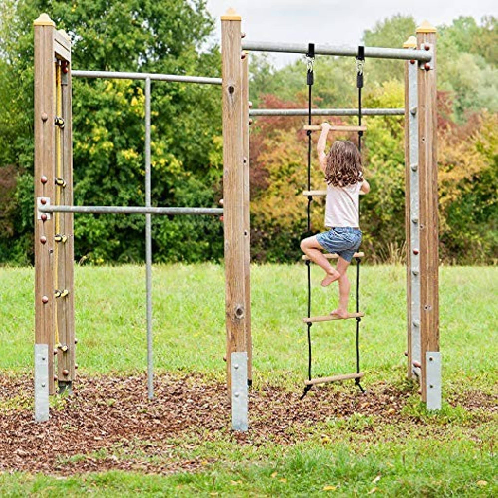 Kids rope ladder swing with wooden rungs and black side ropes, hanging from overhead bar