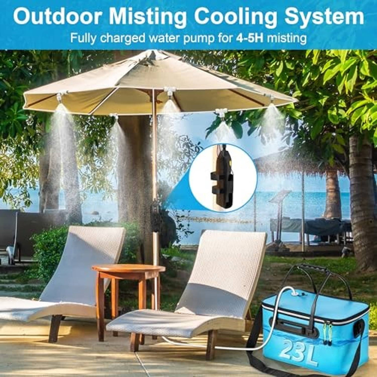 Outdoor misting cooling system with blue pump bucket releasing mist above patio chairs