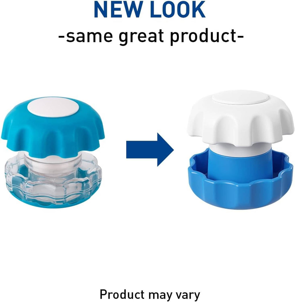 Blue pill crusher base with insert and white lid, open-to-closed display.