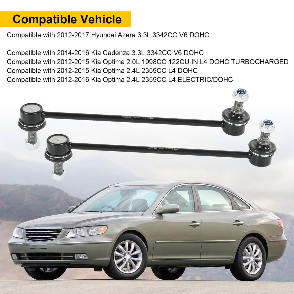 Front sway bar end links pair with black bars, round bushings, and chrome mounting bolts