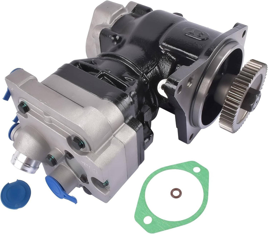 Truck air brake compressor with gear, angled view of black pump and silver mounting plate