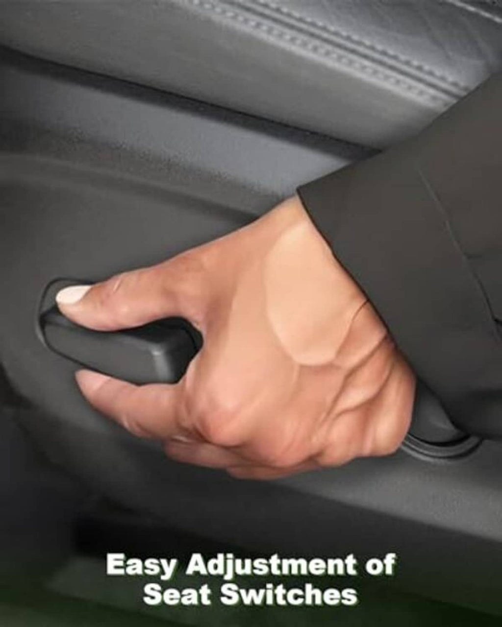 Hand adjusting black power seat switch lever on a dark seat