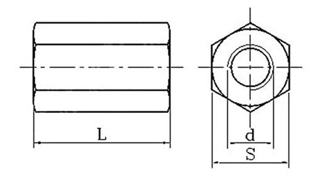 Technical drawing of hex coupling nut dimensions (S, d, L)