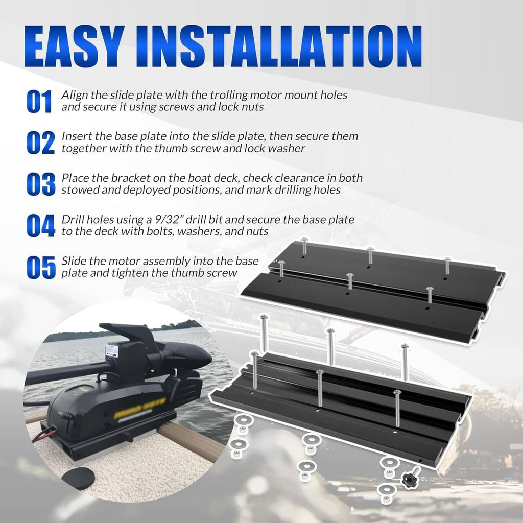 Black quick release bracket shown with mounting steps and loose fasteners