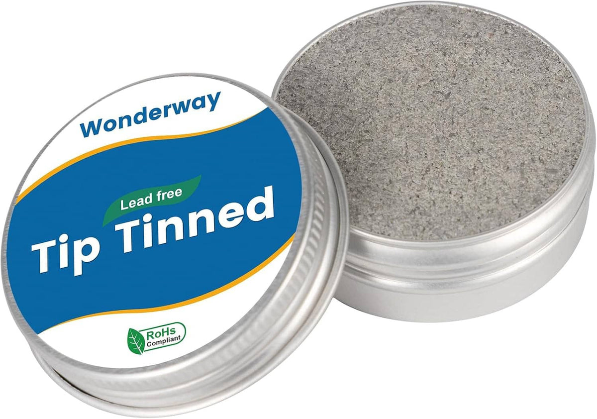 Soldering tip tinner container with blue label and gray abrasive disc