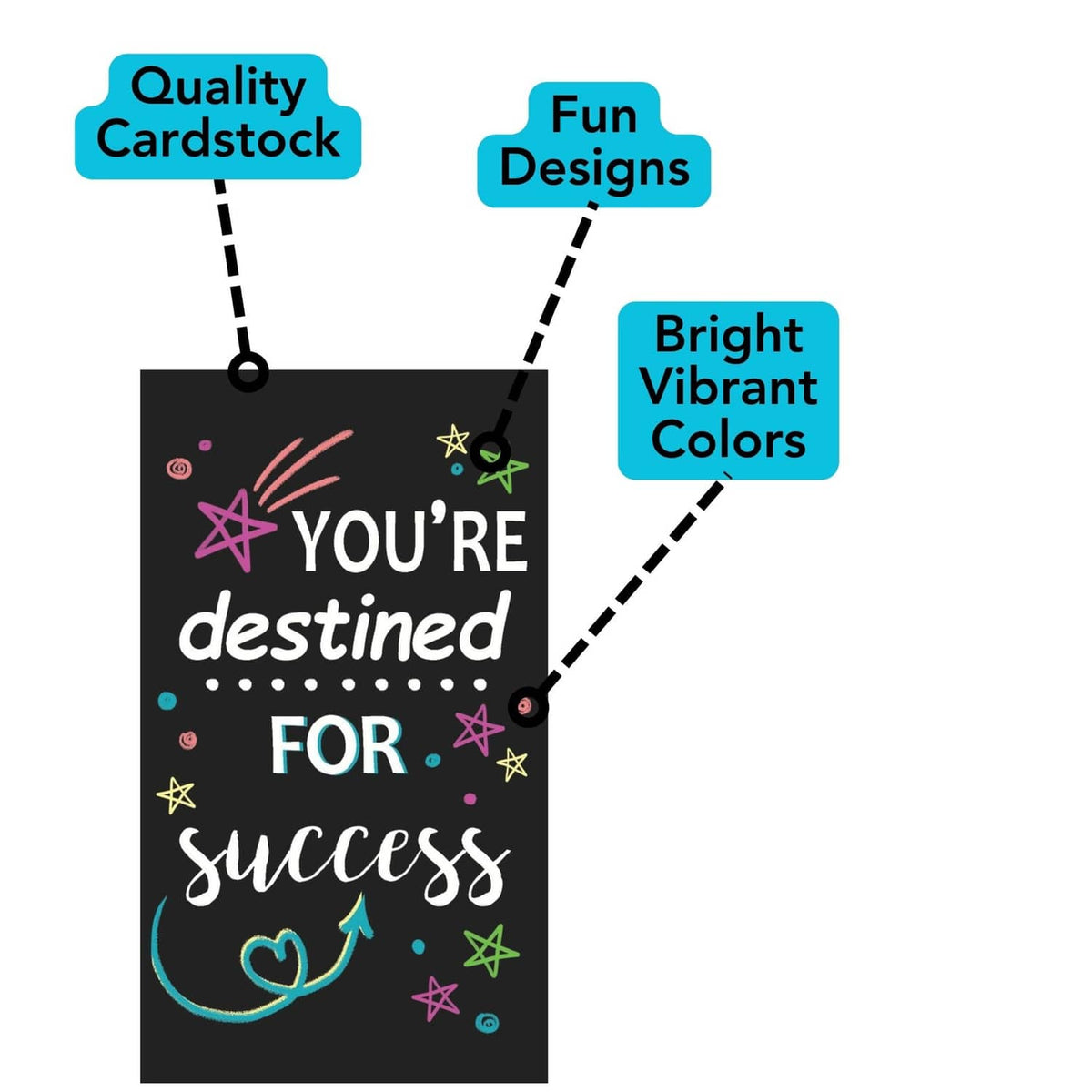 Mini motivational card reading 'You’re destined for success' on black with colorful stars