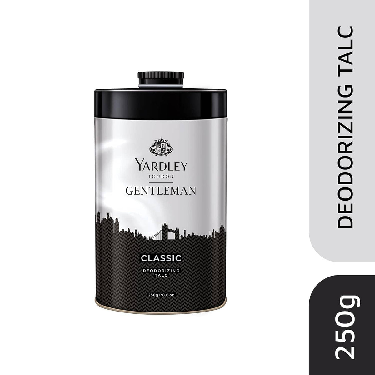 Talcum powder canister with black top and silver label, YARDLEY Gentleman Classic deodorizing