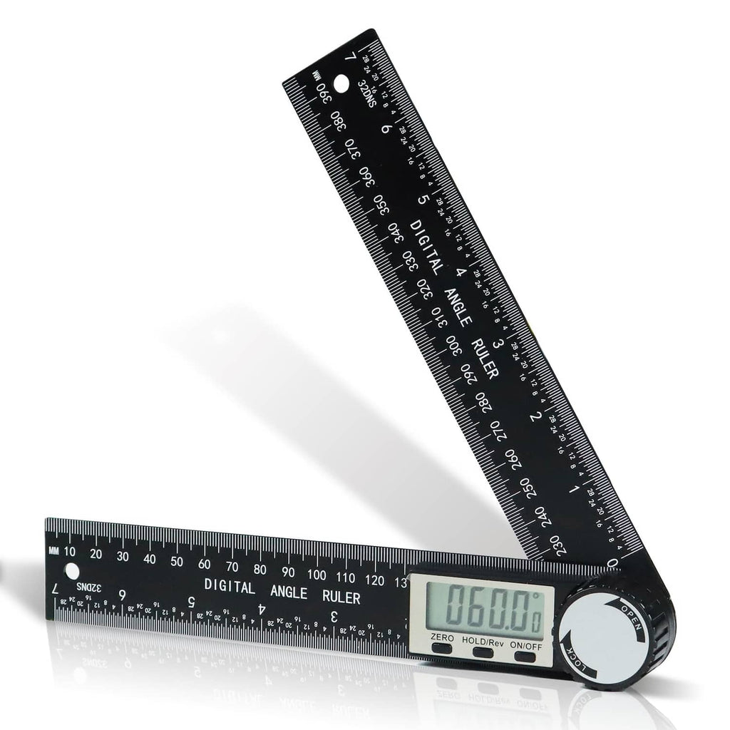 Digital angle ruler protractor with LCD screen and rotating base, black measuring scale