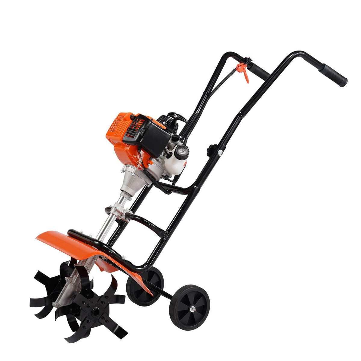 Gas garden tiller cultivator with orange engine housing, black frame, and side handles