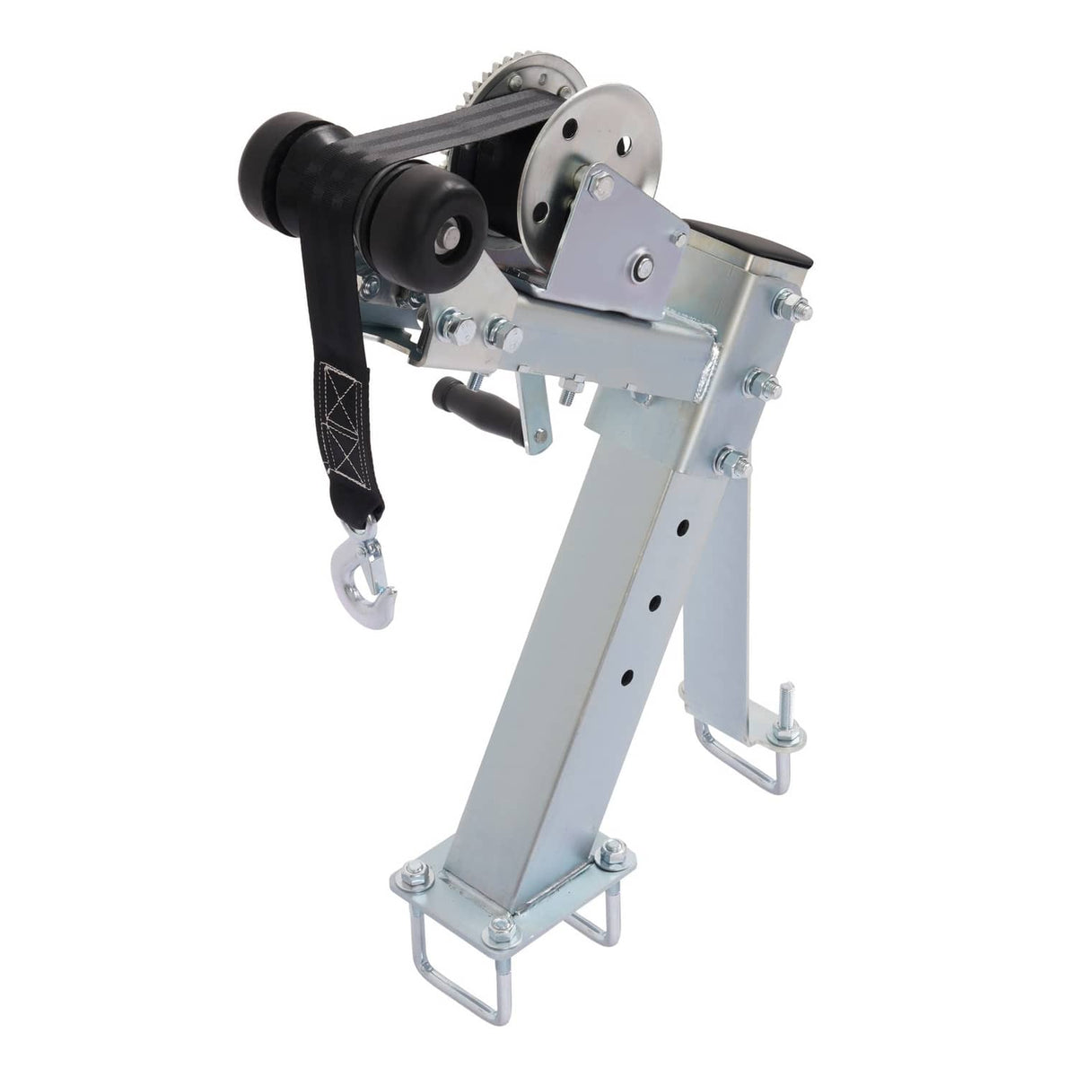 Winch stand with steel frame, pulley wheel, and strap with hook connection